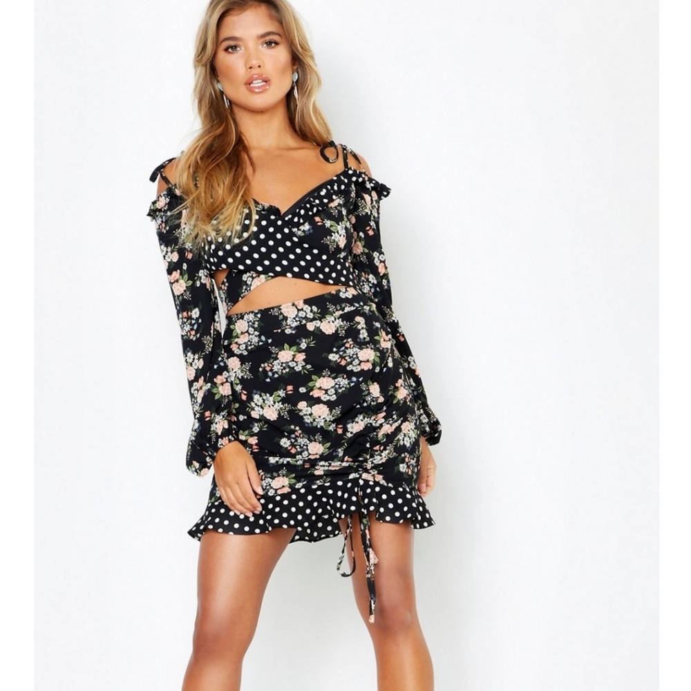 Woven Polka Dot Floral Ruffle Co-Ord black 6